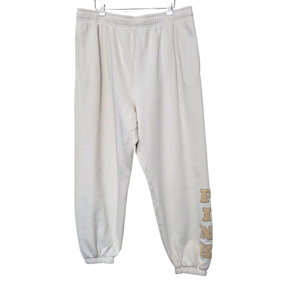 Pink Victoria's Secret XXL Cream Fleece Joggers‎ Chenille Logo Sweatpants